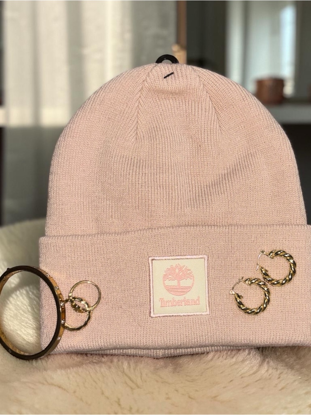 Timberland Light Pink Knit Cuffed Beanie with Logo Patch